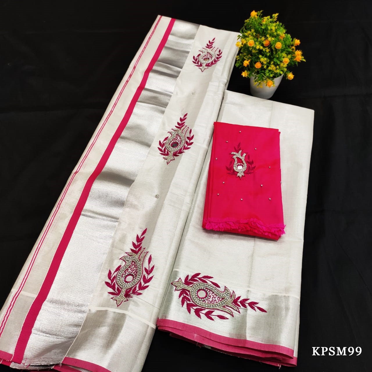 Silver Tissue Set Mundu with Stitched Blouse & Non Stitched Material / Kerala traditional women clothing/Handmade Embroidery, Vishu outfit