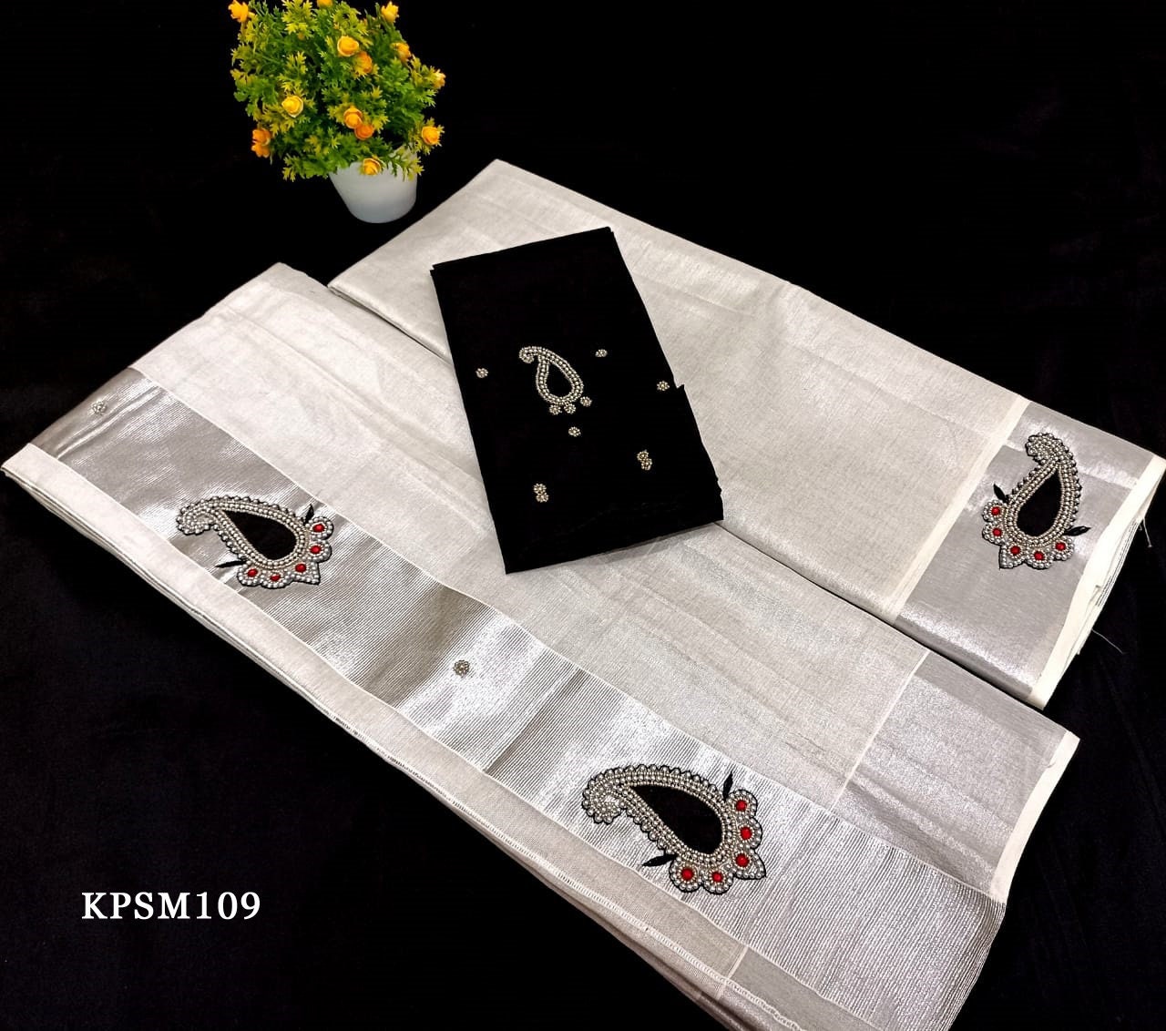 Silver Tissue Set Mundu with Blouse Material or ready to wear Blouse/ Kerala traditional women clothing/ Handmade designs/Onam,Vishu special