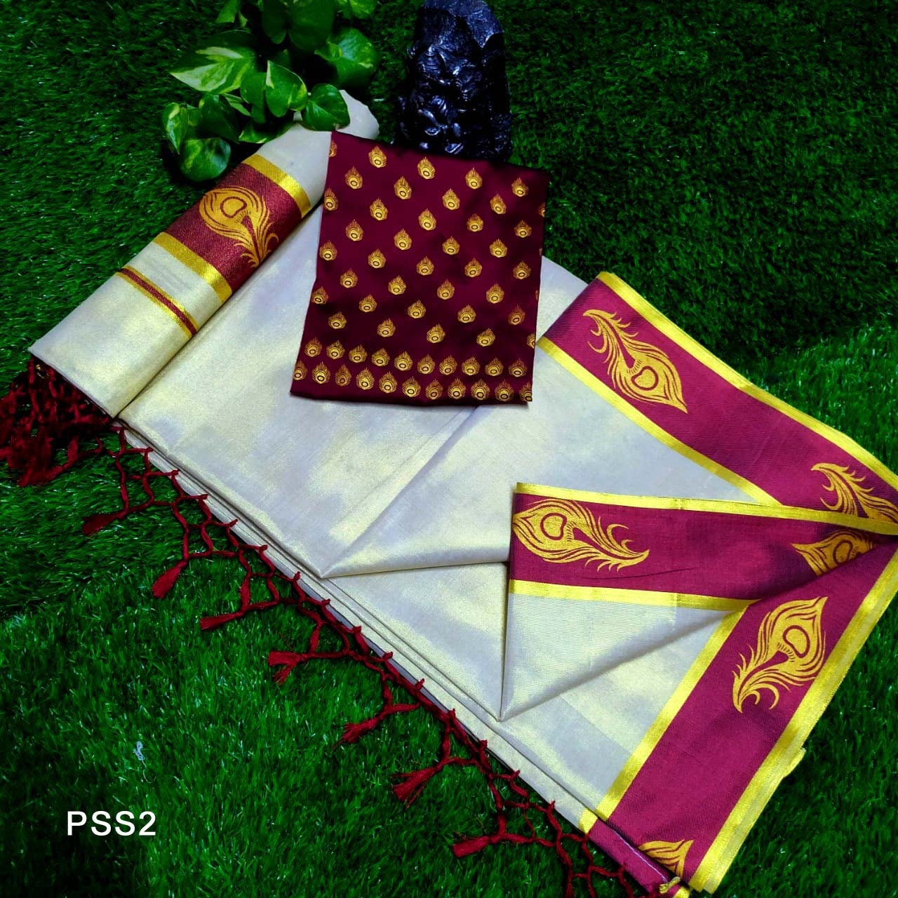 Kerala Tissue Kunjalam Printed Set Saree with Blouse / Indian traditional women clothing/ Handmade designs/Onam/Christmas/New year/Birthday