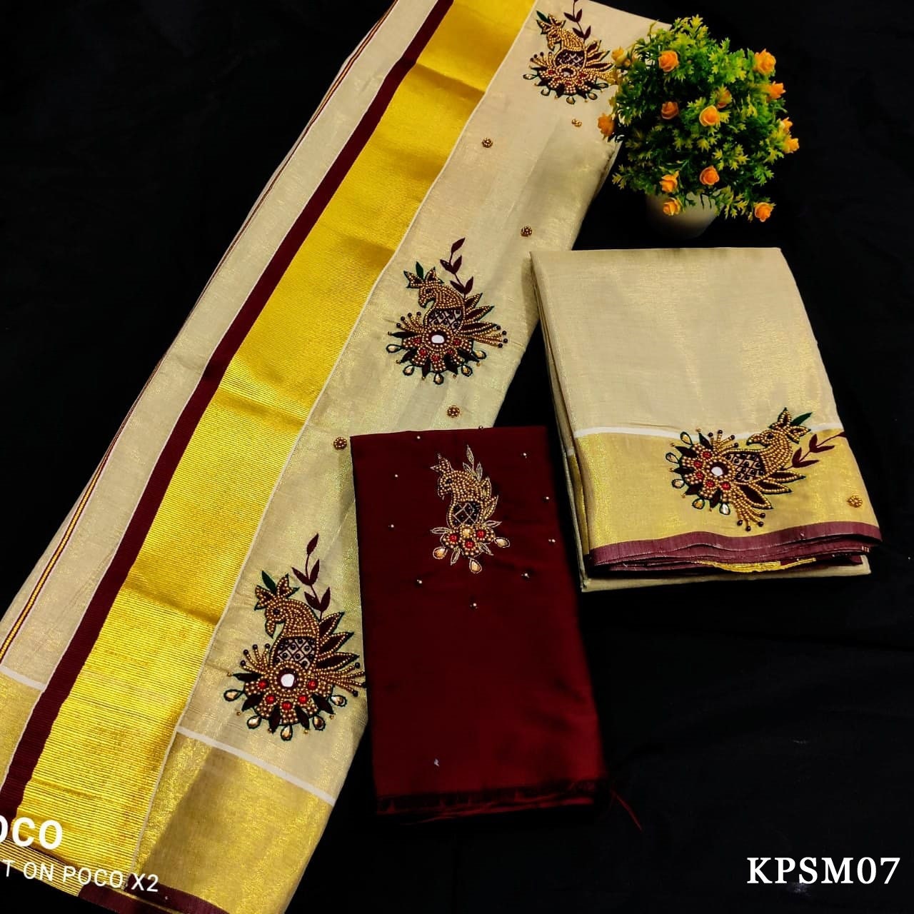 Kerala Tissue Set Mundu with Blouse Material  / Indian traditional women clothing/ Handmade designs. Onam dress, Vishu Festival wear