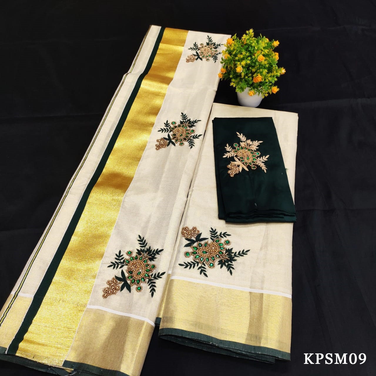 Kerala Tissue Set Mundu with Blouse Material  / Indian traditional women clothing/ Handmade designs/Onam Vishu Set Mundu