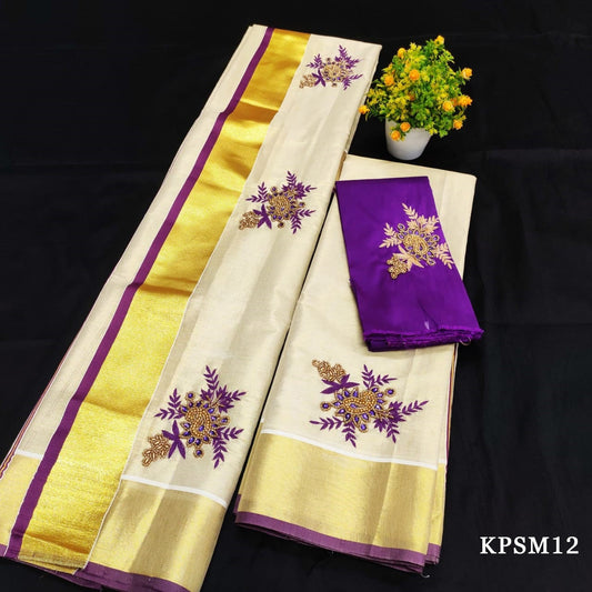 Kerala Tissue Set Mundu with Blouse Material  / Indian traditional women clothing/ Handmade designs/Onam Vishu Set Mundu