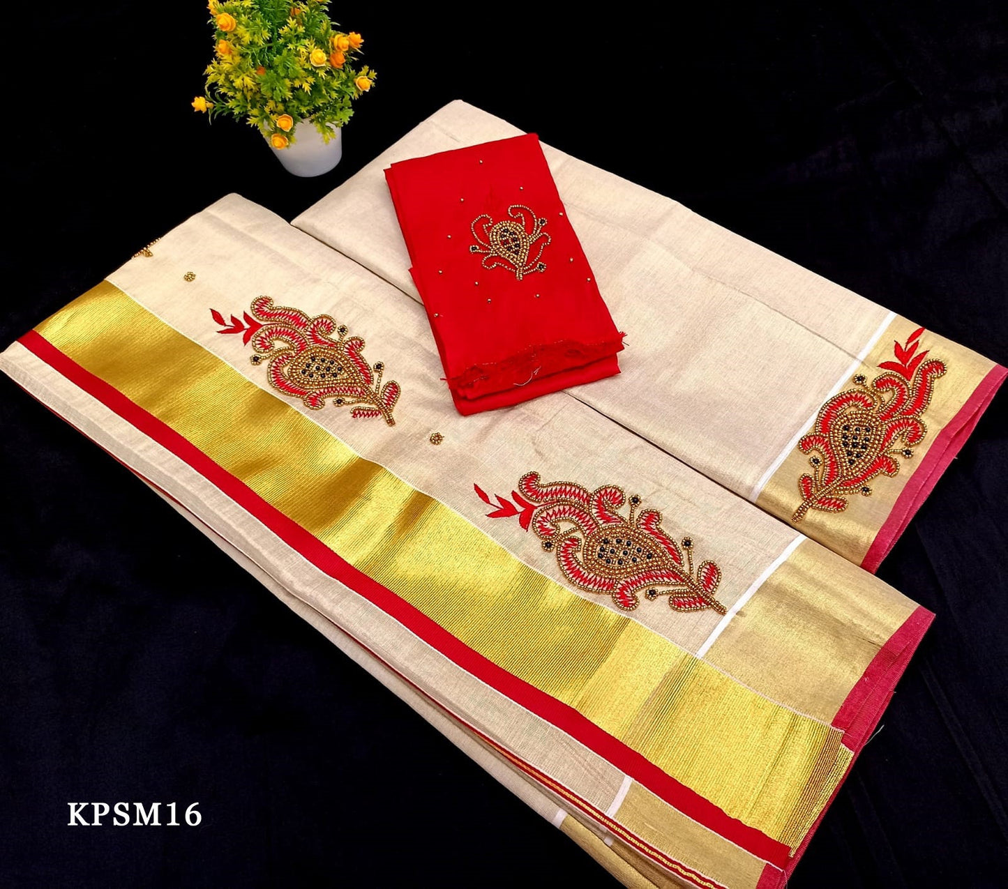 Kerala Tissue Set Mundu with Blouse Material  / Indian traditional women clothing/ Handmade designs/Onam Vishu Set Mundu