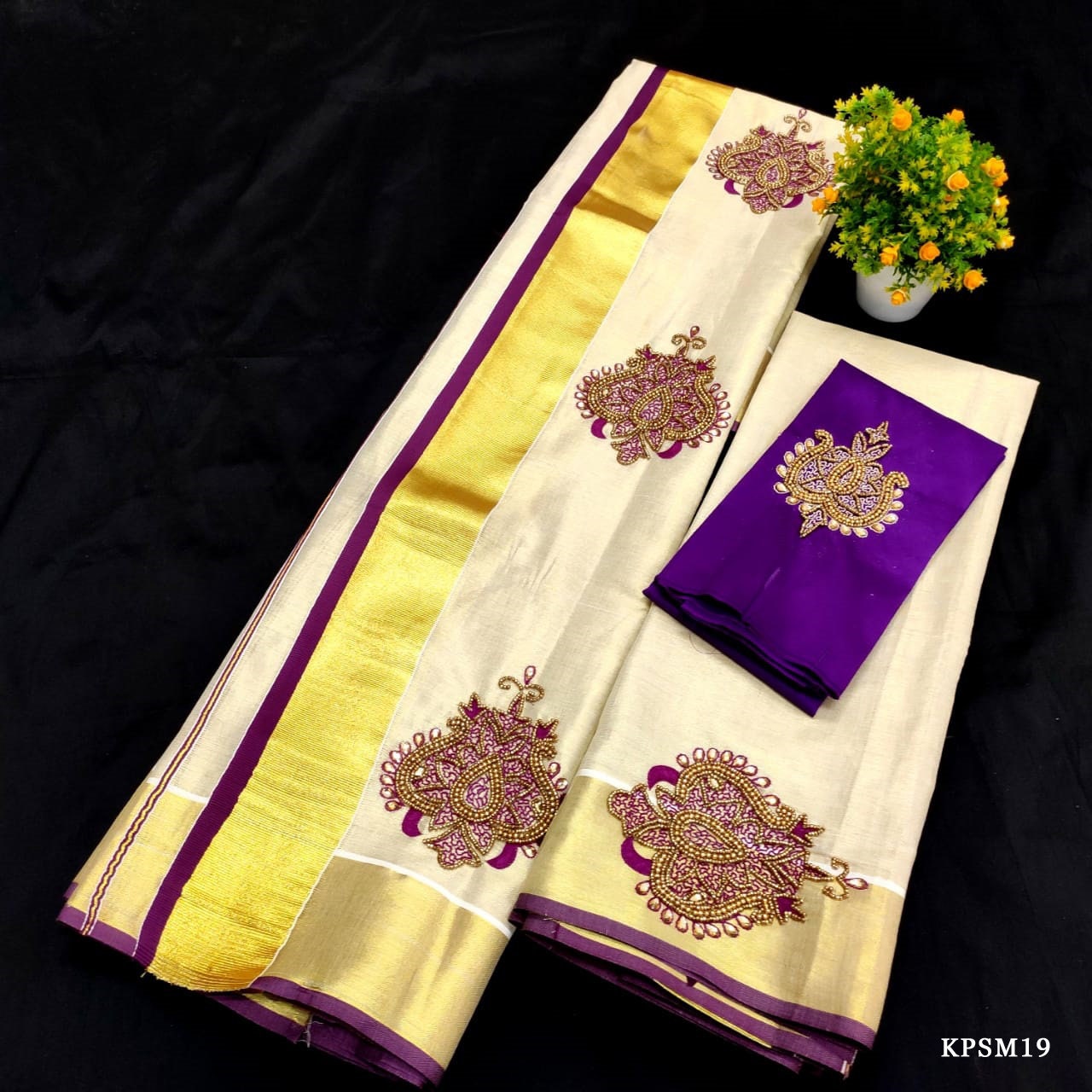 Kerala Tissue Set Mundu with Blouse Material  / Indian traditional women clothing/ Handmade designs, Onam,Vishu special dress