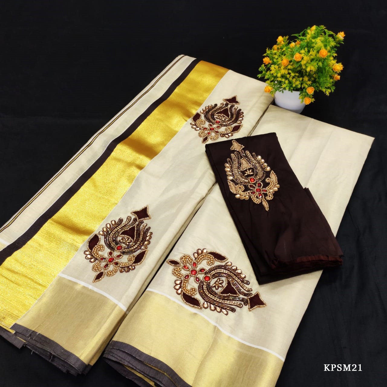 Kerala Tissue Set Mundu with Blouse Material  / Indian traditional women clothing/ Handmade designs, Onam,Vishu special dress