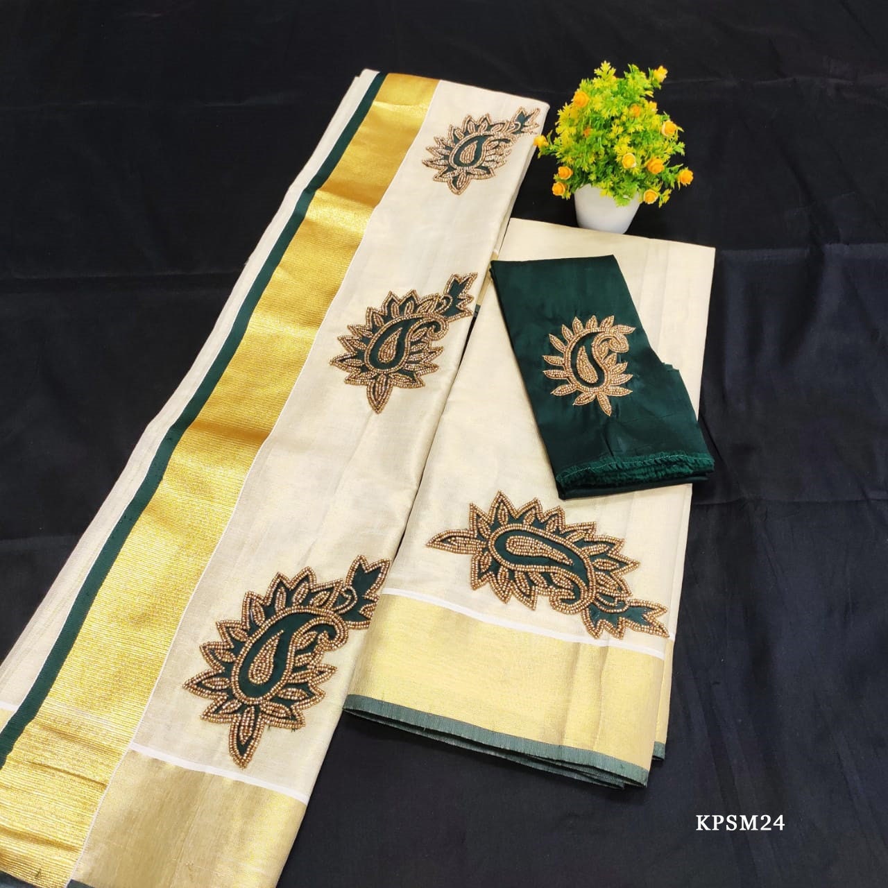 Kerala Tissue Set Mundu with Blouse Material  / Indian traditional women clothing/ Handmade designs, Onam,Vishu special dress