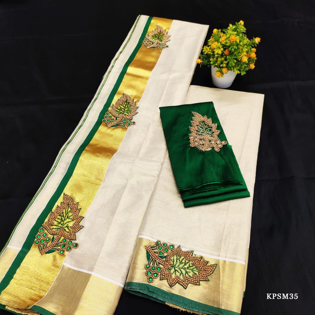 Kerala Tissue Set Mundu with Blouse Material /Ready to Wear Blouse/ Indian traditional women clothing/ Handmade designs/Onam, Vishu Special