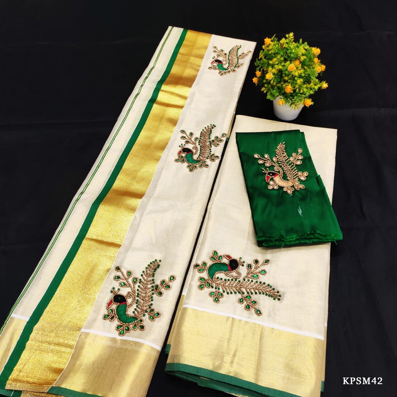 Kerala Tissue Set Mundu with Ready wear Blouse or Blouse Material  / Indian traditional women clothing/ Handmade designs, Vishu Set Mundu