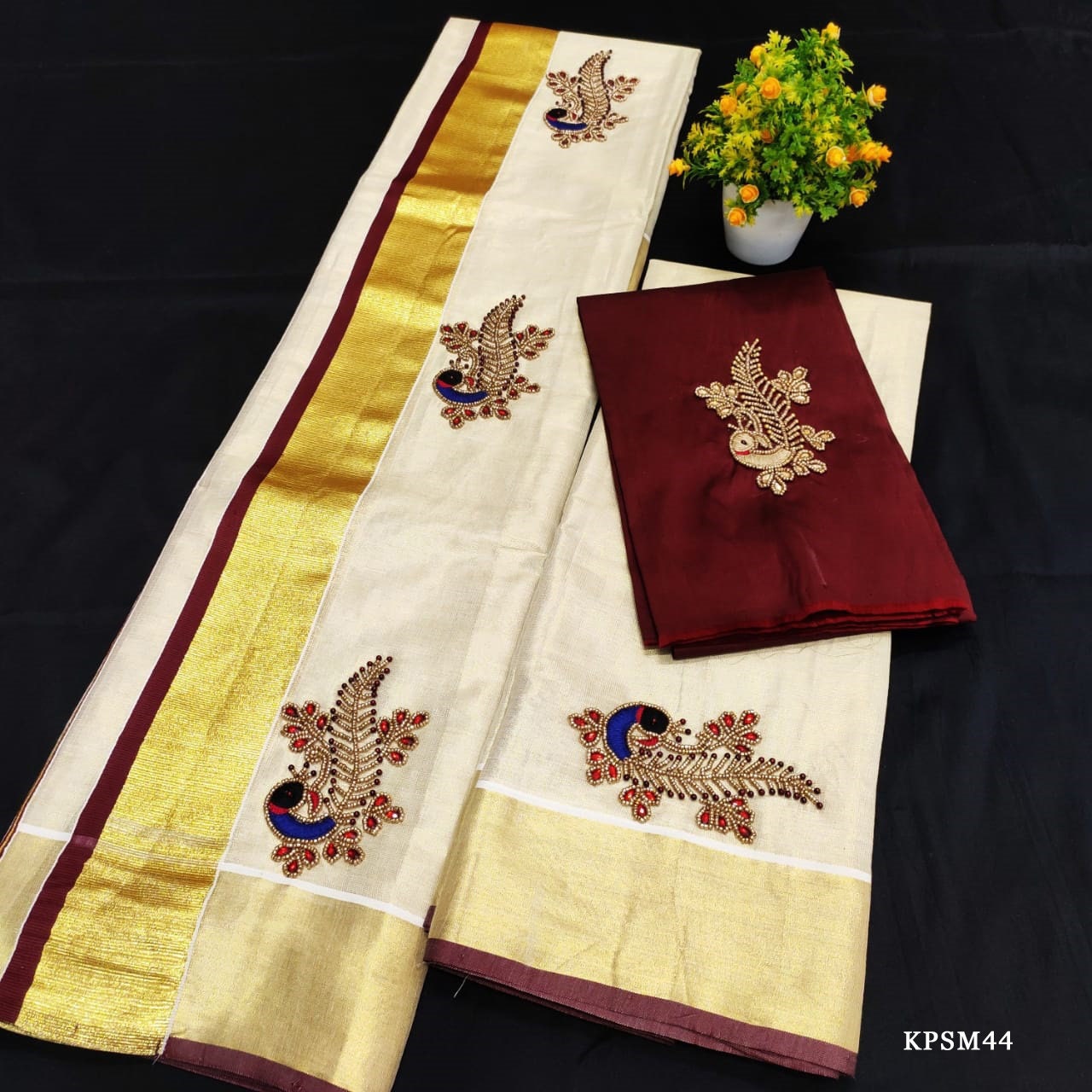 Kerala Tissue Set Mundu with Ready wear Blouse or Blouse Material  / Indian traditional women clothing/ Handmade designs, Vishu Set Mundu