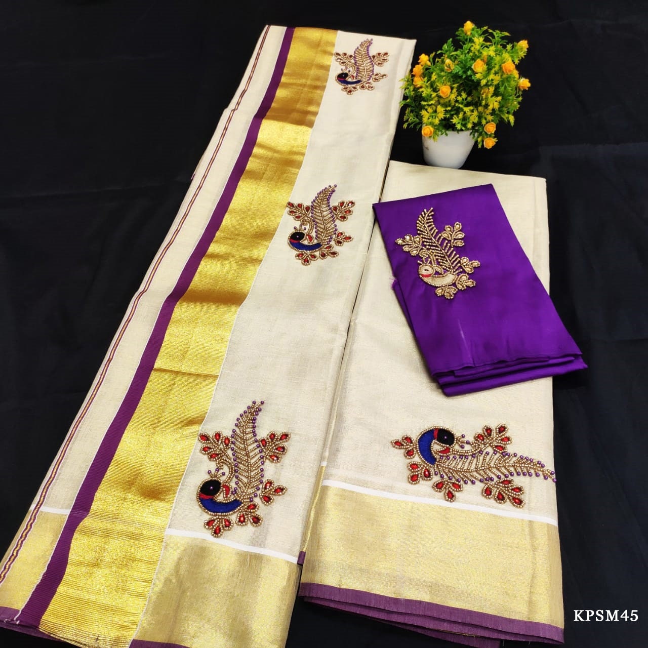 Kerala Tissue Set Mundu with Ready wear Blouse or Blouse Material  / Indian traditional women clothing/ Handmade designs, Vishu Set Mundu