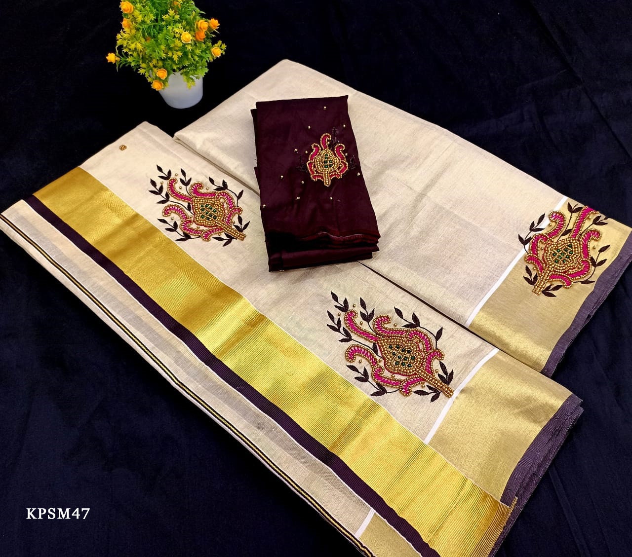 Kerala Tissue Set Mundu with Blouse Material  / Indian traditional women clothing/ Handmade designs, Vishu Set Mundu