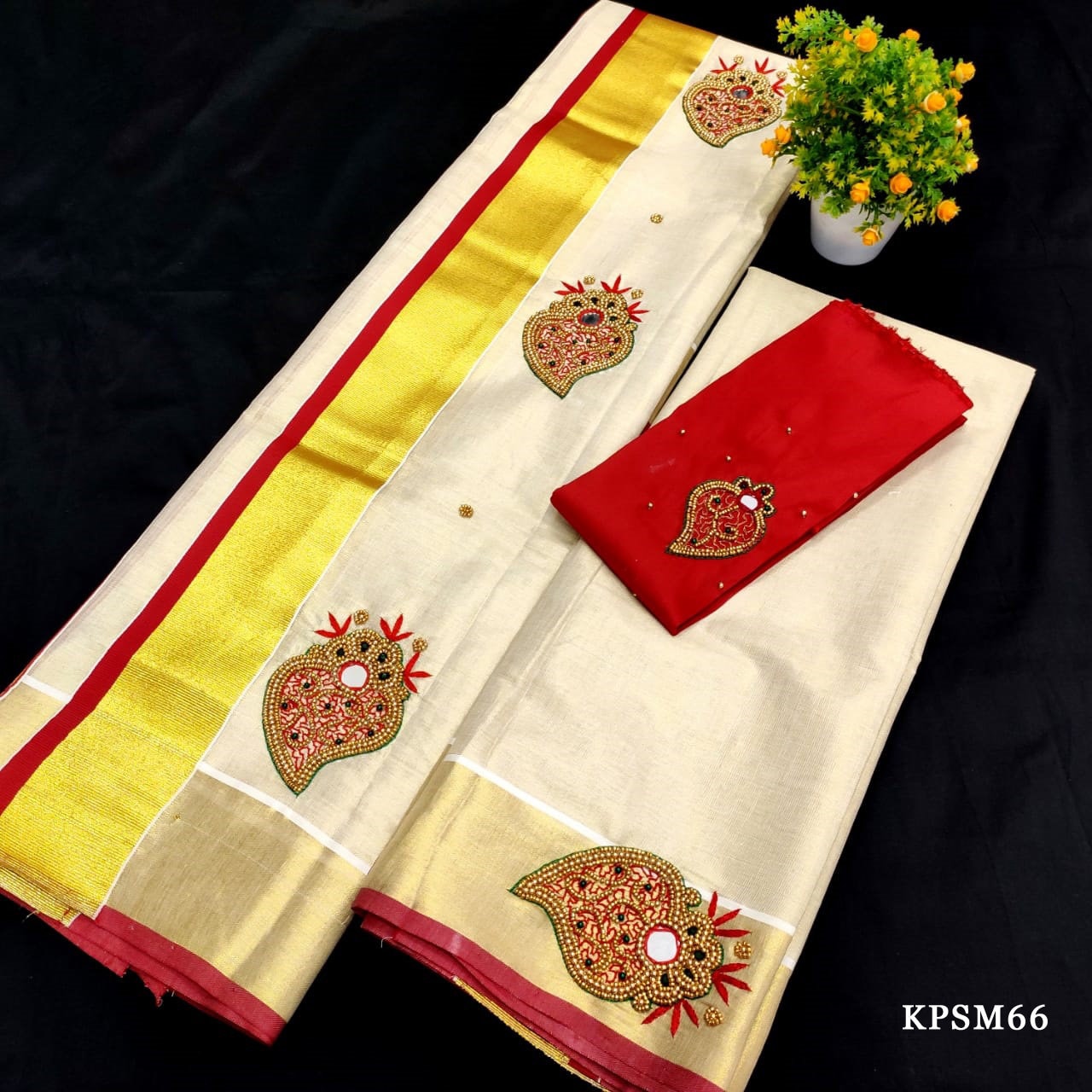 Set Mundu with Blouse Material, Kerala traditional women clothing, Handmade designs/Stitched Blouse/Onam Vishu Tissue Set Mundu