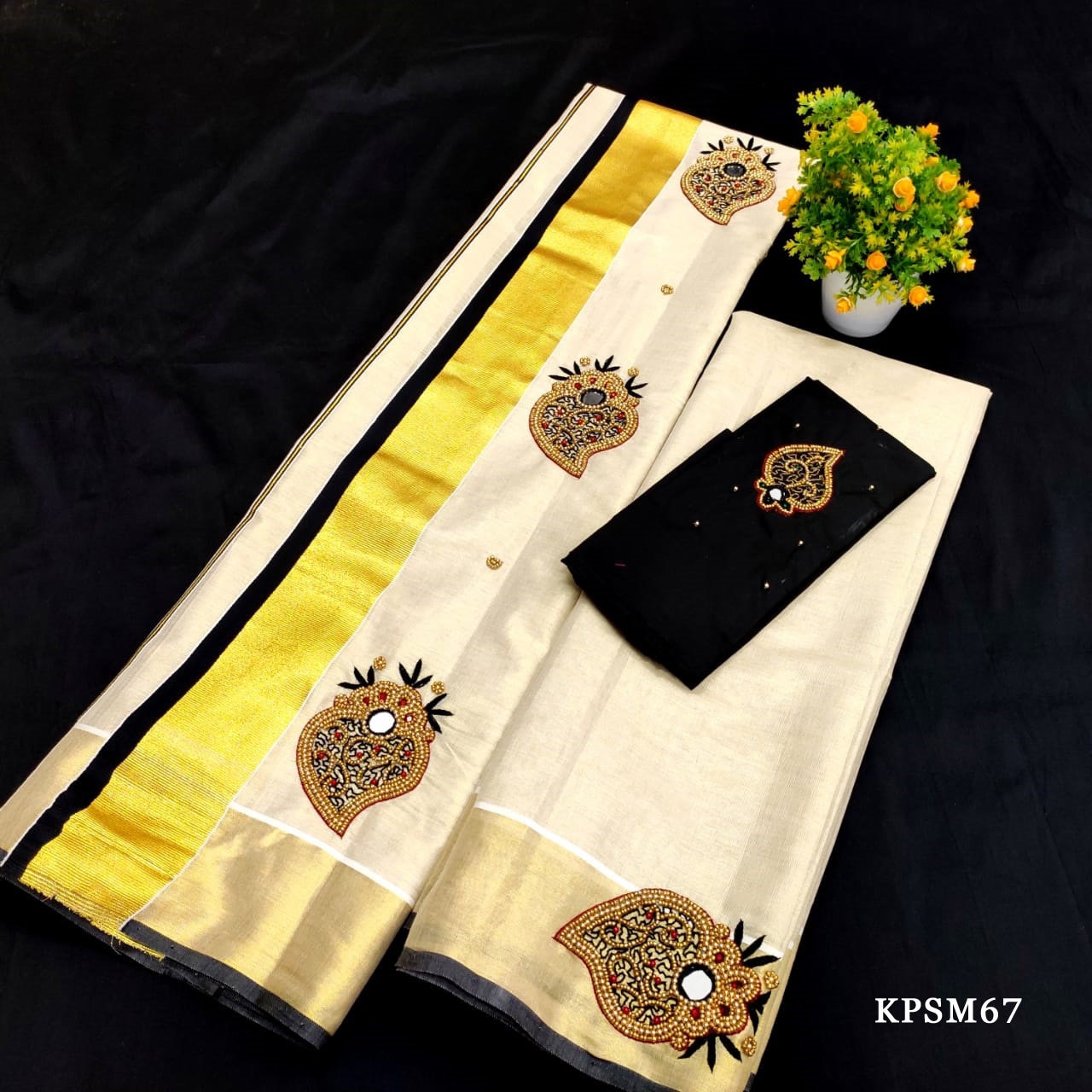 Set Mundu with Blouse Material, Kerala traditional women clothing, Handmade designs/Stitched Blouse/Onam Vishu Tissue Set Mundu