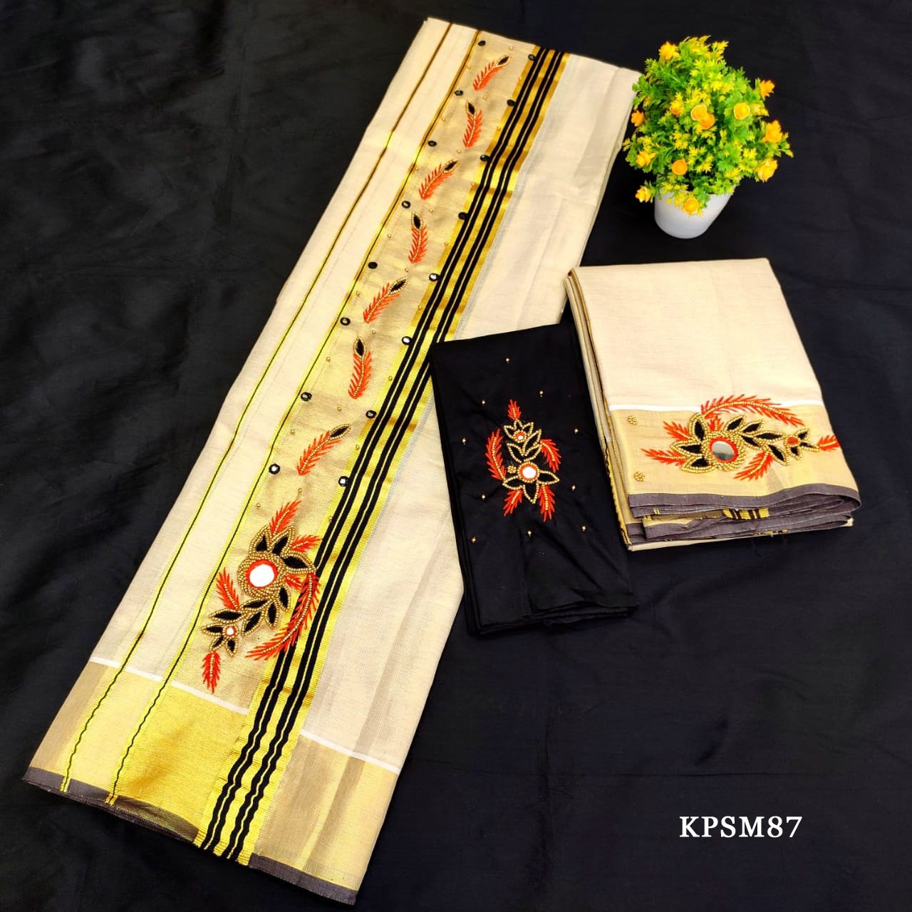 Kerala Tissue Set Mundu with Blouse Material  / Indian traditional women clothing/ Handmade designs/Vishu Onam wear