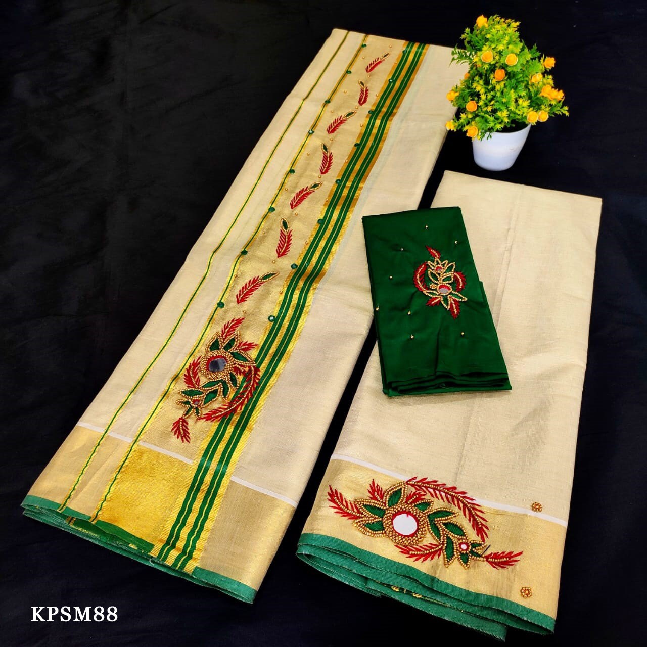 Kerala Tissue Set Mundu with Blouse Material  / Indian traditional women clothing/ Handmade designs/Vishu Onam wear