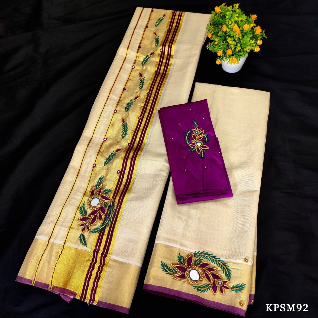 Kerala Tissue Set Mundu with Blouse Material  / Indian traditional women clothing/ Handmade designs/Vishu Onam wear