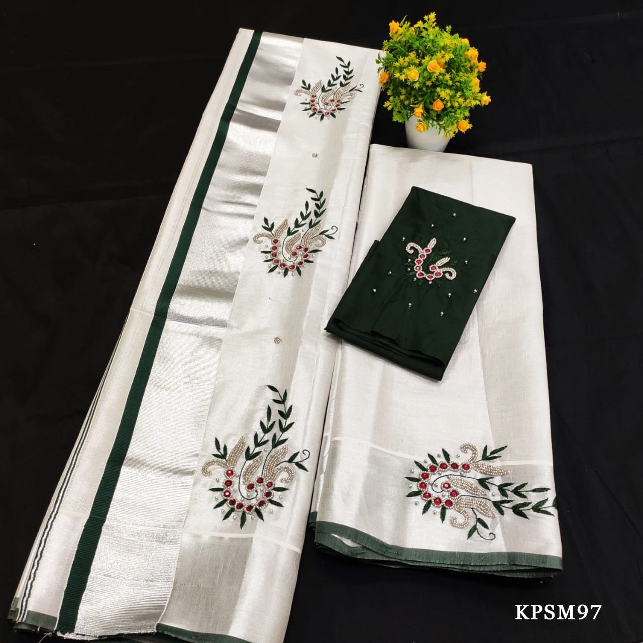 Silver Tissue Set Mundu with Stitched Blouse & Non Stitched Material / Kerala traditional women clothing/Handmade Embroidery, Vishu outfit