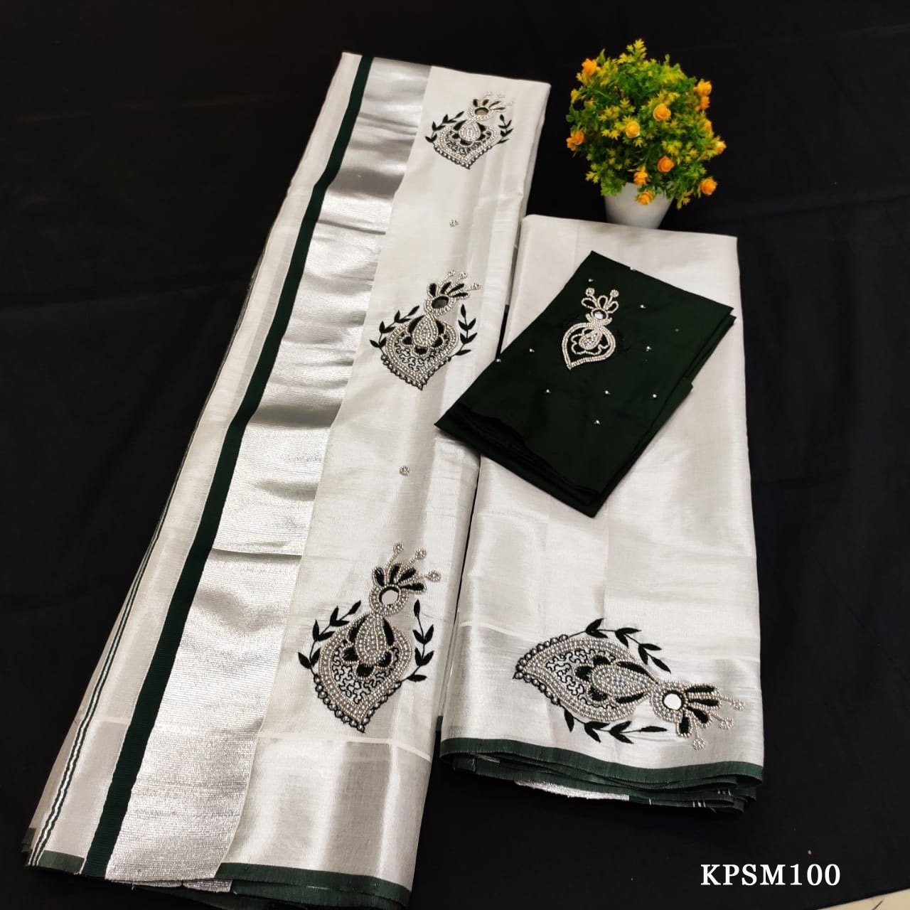 Silver Tissue Set Mundu with Stitched Blouse & Non Stitched Material / Kerala traditional women clothing/Handmade Embroidery, Vishu outfit