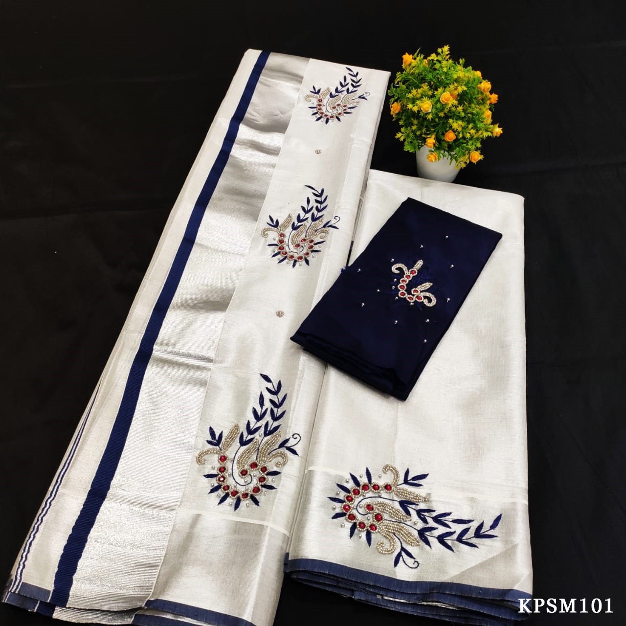 Silver Tissue Set Mundu with Stitched Blouse & Non Stitched Material / Kerala traditional women clothing/Handmade Embroidery, Vishu outfit