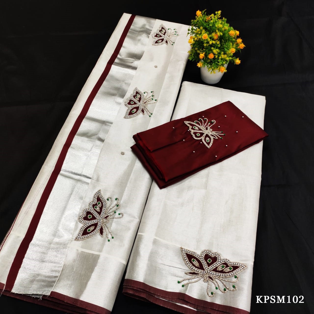 Silver Tissue Set Mundu with Stitched Blouse & Non Stitched Material / Kerala traditional women clothing/Handmade Embroidery, Vishu outfit