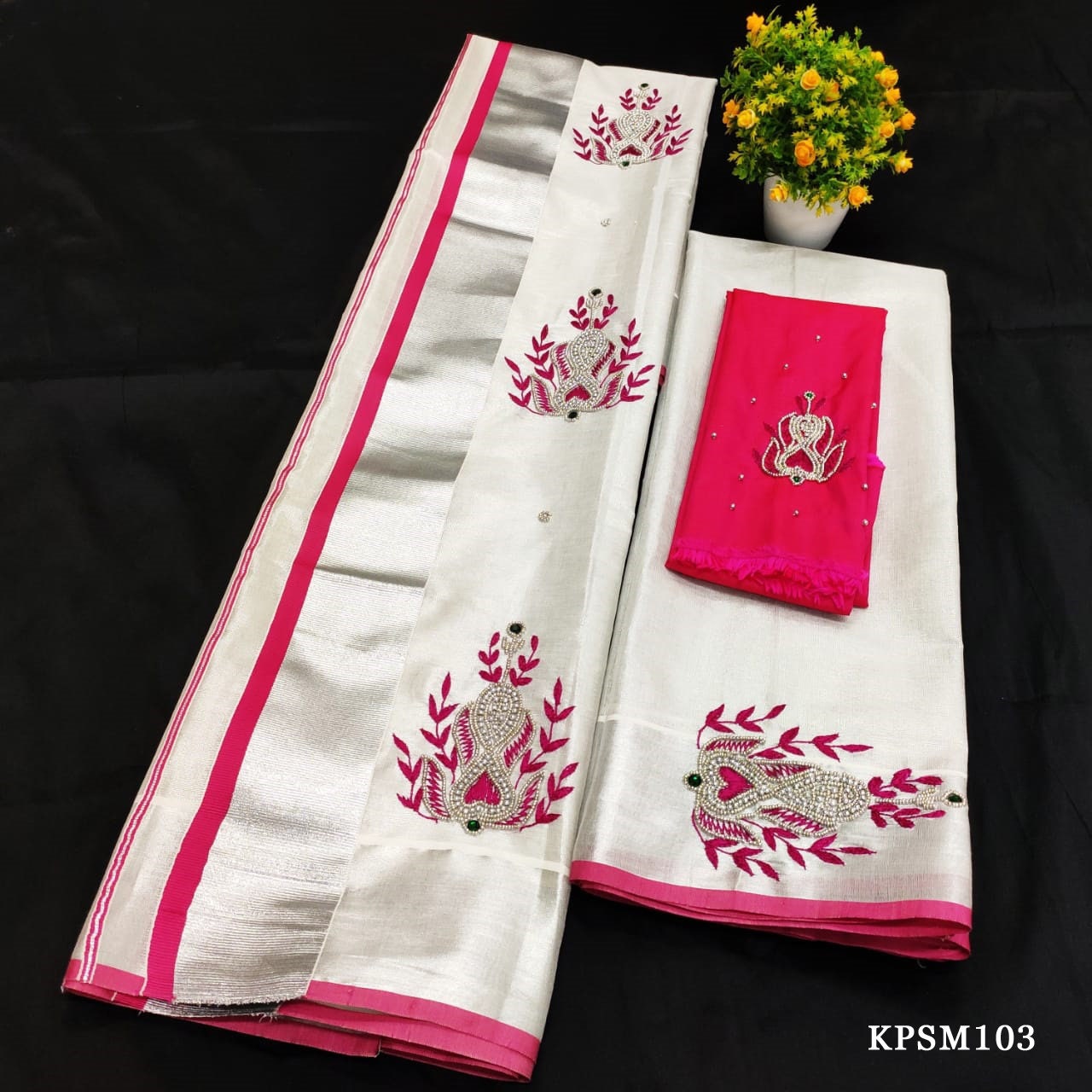 Silver Tissue Set Mundu with Stitched Blouse & Non Stitched Material / Kerala traditional women clothing/Handmade Embroidery, Vishu outfit