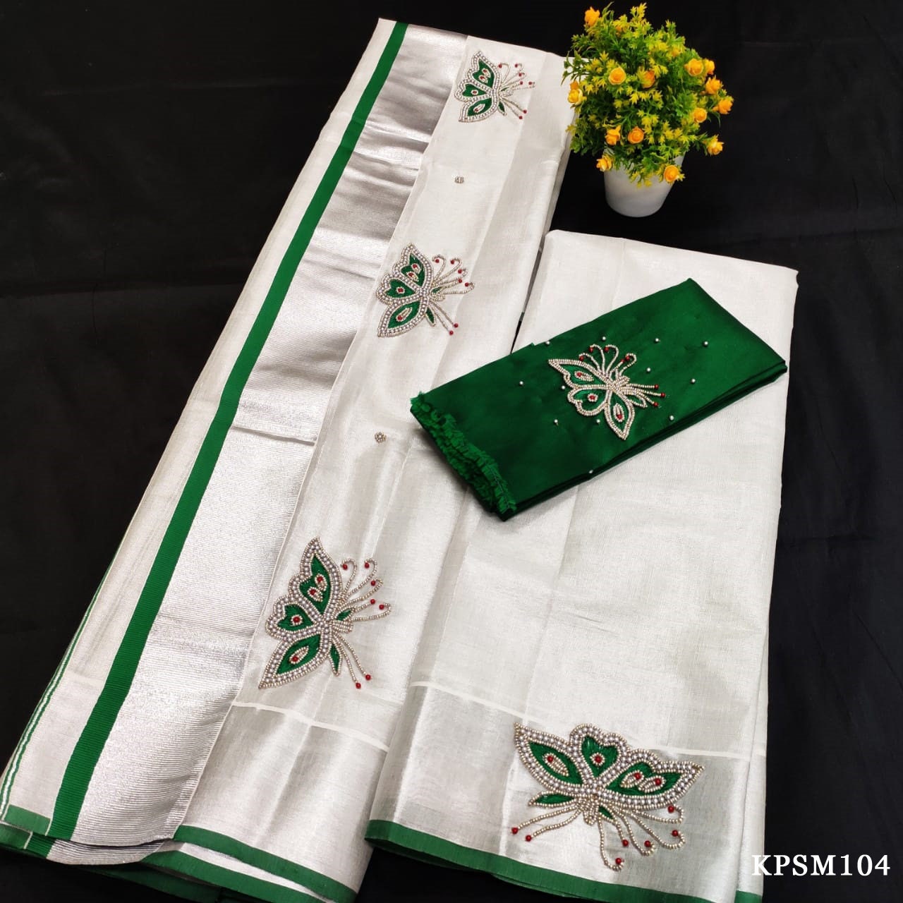 Silver Tissue Set Mundu with Stitched Blouse & Non Stitched Material / Kerala traditional women clothing/Handmade Embroidery, Vishu outfit