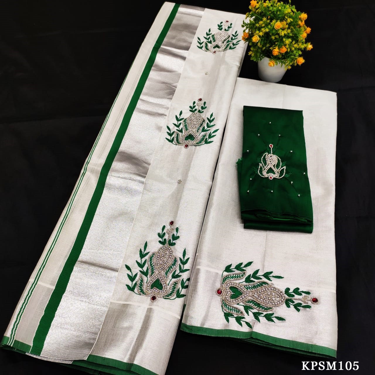 Silver Tissue Set Mundu with Stitched Blouse & Non Stitched Material / Kerala traditional women clothing/Handmade Embroidery, Vishu outfit