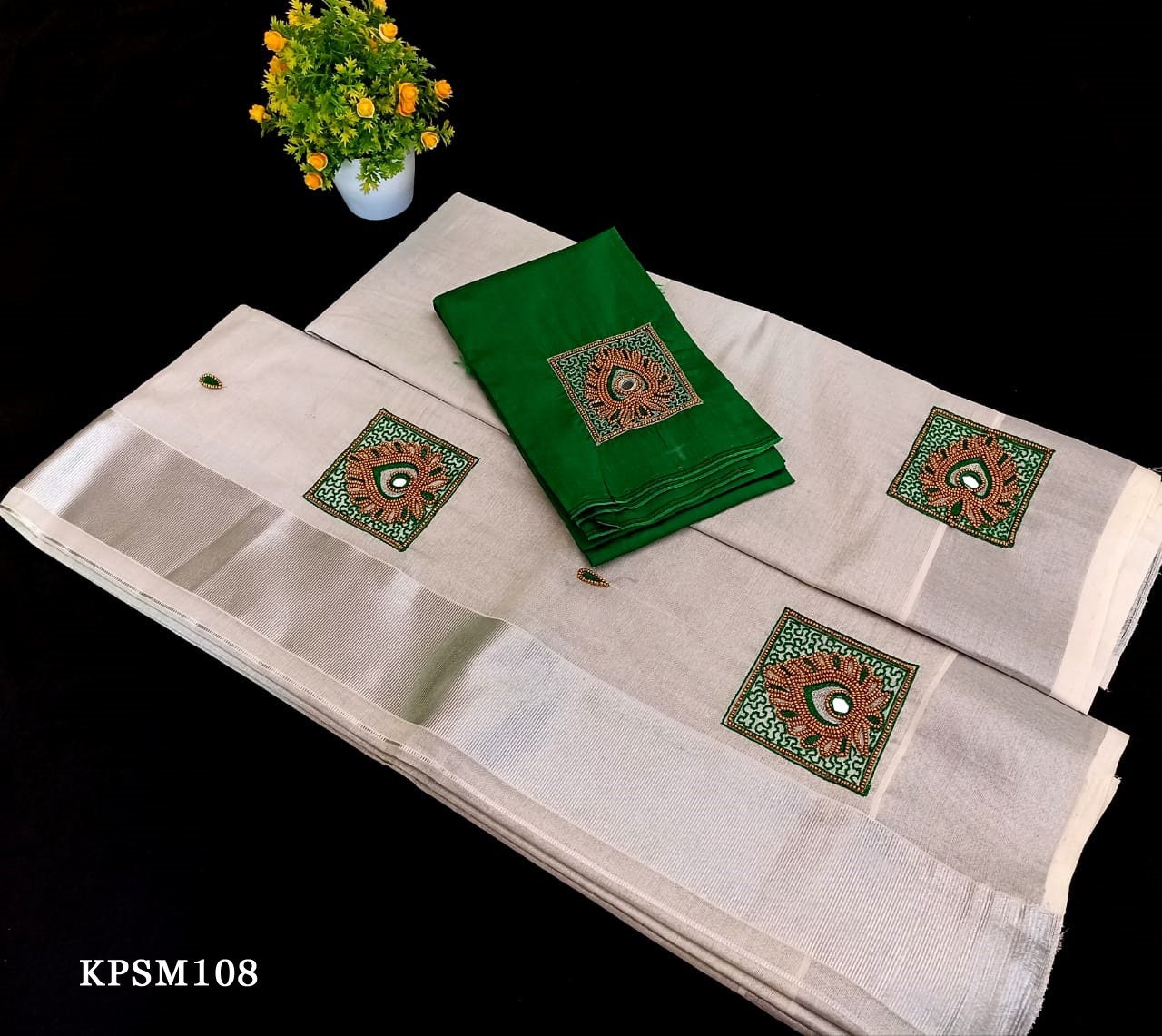 Silver Tissue Set Mundu with Blouse Material or ready to wear Blouse/ Kerala traditional women clothing/ Handmade designs/Onam,Vishu special