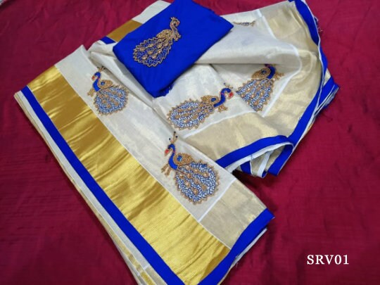 Golden Tissue Hand work Set Mundu with Blouse Material  / Kerala traditional women clothing/ Handmade designs,Onam, Vishu,Ramadan, Christmas