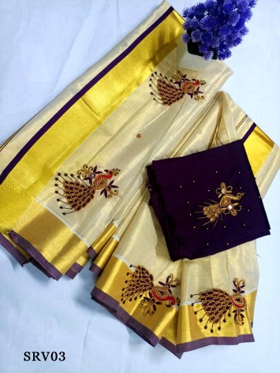 Golden Tissue Hand work Set Mundu with Blouse Material  / Kerala traditional women clothing/ Handmade designs,Onam, Vishu,Ramadan, Christmas