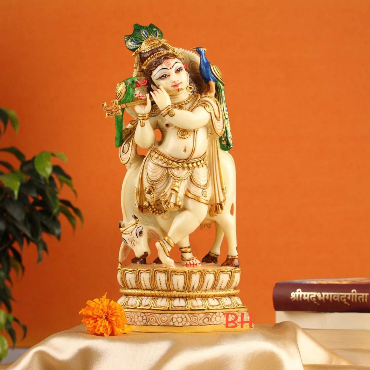 Lord Krishna with Cow, Marble dust, 12 inch, Lord Sreekrishna with flute, fill piece in home, Krishnastami, Hindu Pooja Rooms, Hare Krishna