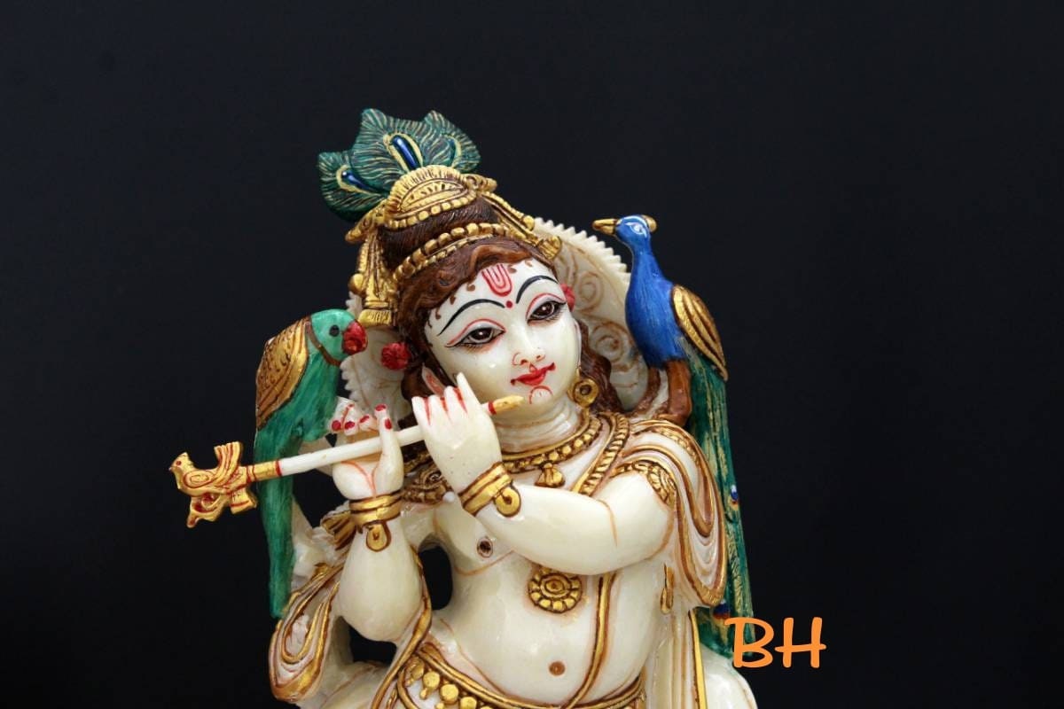 Lord Krishna with Cow, Marble dust, 12 inch, Lord Sreekrishna with flute, fill piece in home, Krishnastami, Hindu Pooja Rooms, Hare Krishna