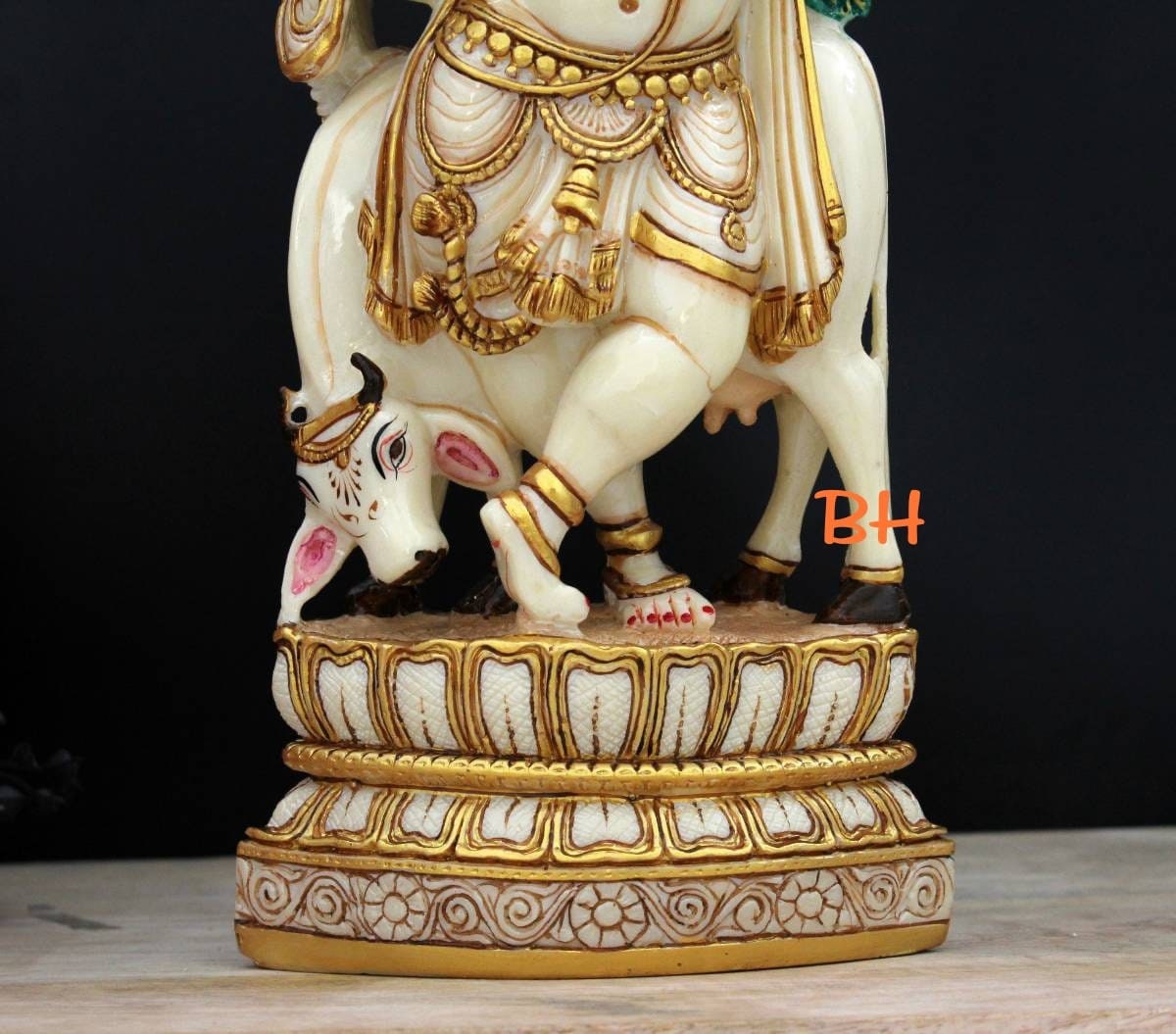 Lord Krishna with Cow, Marble dust, 12 inch, Lord Sreekrishna with flute, fill piece in home, Krishnastami, Hindu Pooja Rooms, Hare Krishna