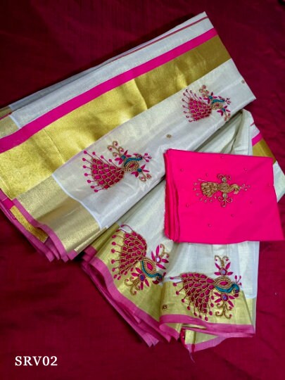 Golden Tissue Hand work Set Mundu with Blouse Material  / Kerala traditional women clothing/ Handmade designs,Onam, Vishu,Ramadan, Christmas