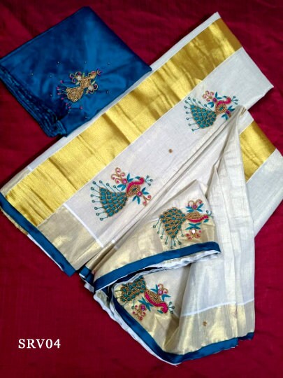 Golden Tissue Hand work Set Mundu with Blouse Material  / Kerala traditional women clothing/ Handmade designs,Onam, Vishu,Ramadan, Christmas