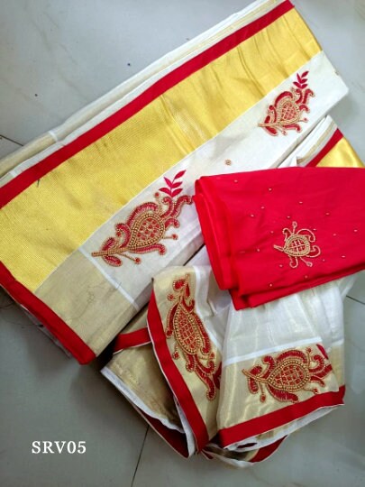 Golden Tissue Hand work Set Mundu with Blouse Material  / Kerala traditional women clothing/ Handmade designs,Onam, Vishu,Ramadan, Christmas