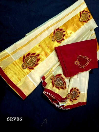 Golden Tissue Hand work Set Mundu with Blouse Material  / Kerala traditional women clothing/ Handmade designs,Onam, Vishu,Ramadan, Christmas