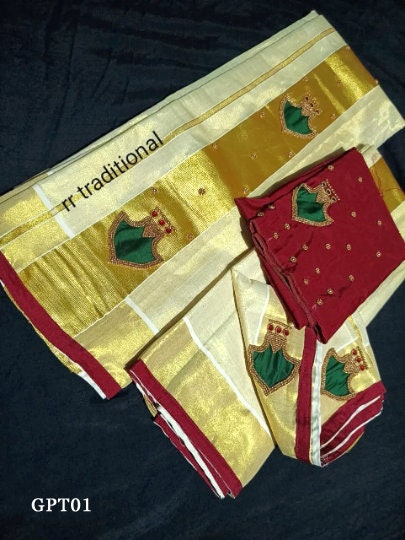 Kerala Palakka design Golden Tissue Set Mundu with Blouse Material / Indian traditional women clothing/ Handmade designs, Vishu Special