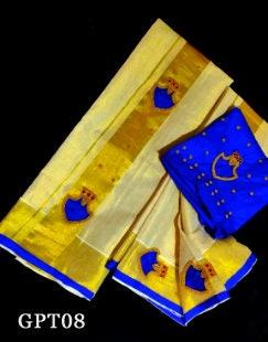 Kerala Palakka design Golden Tissue Set Mundu with Blouse Material / Indian traditional women clothing/ Handmade designs, Vishu Special