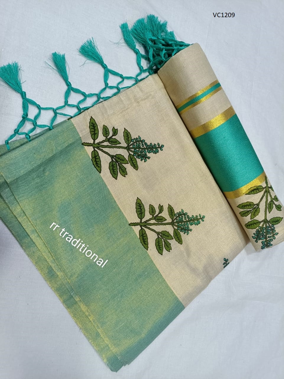 Kerala Tissue Kunjalam Tulasi Printed Set Saree, Stitched Blouse, Indian, Handmade, Kerala Saree Traditional, Onam,Vishu Set Saree, Festival