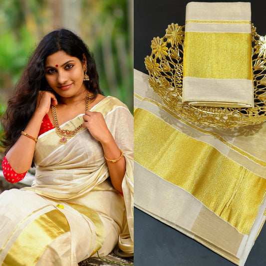 Golden Tissue Set Mundu with Blouse Material  / Kerala traditional/ Handmade designs/Onam,Vishu,Festival wear