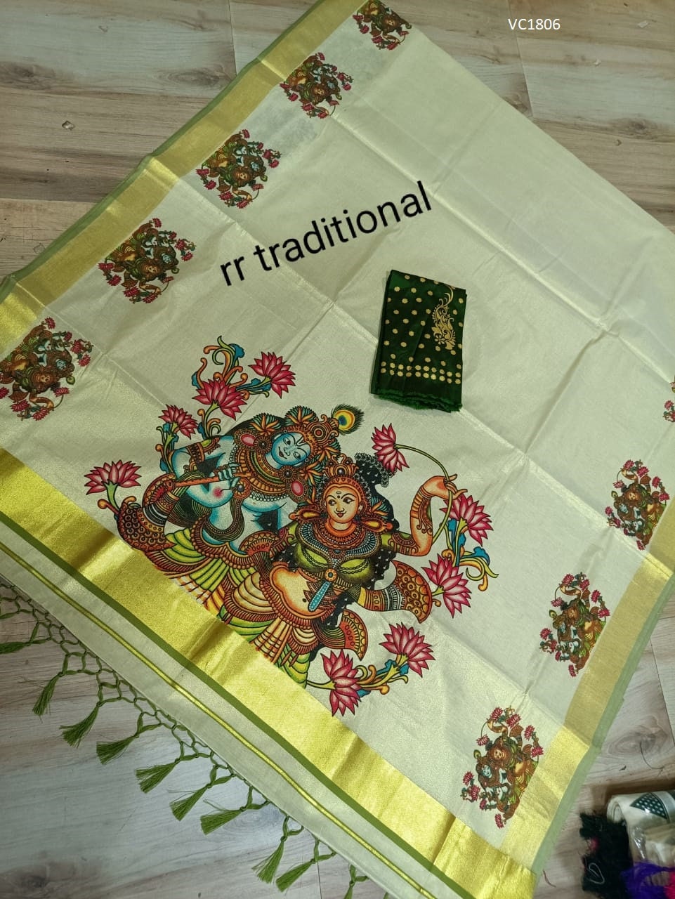 Kerala traditional big mural printed Tissue  Saree with stiched Blouse or non stiched blouse Material, Beautiful Kerala designs