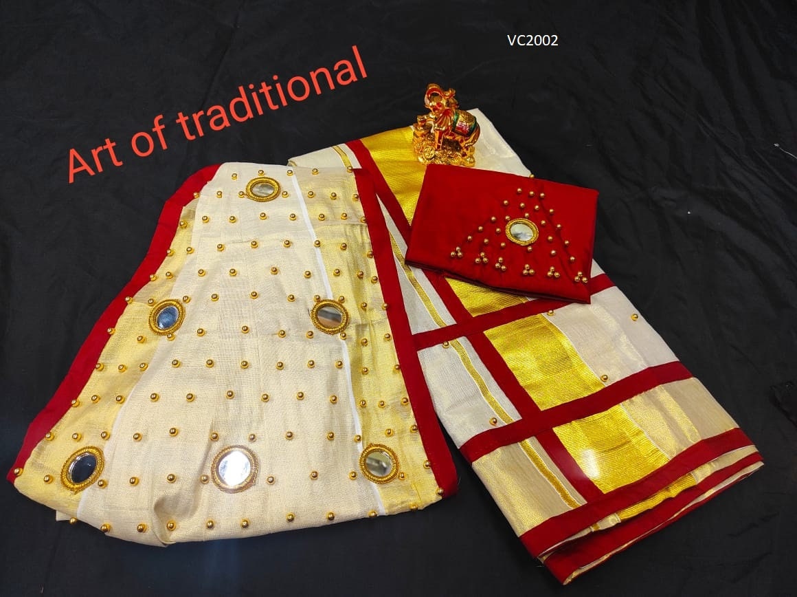 Pre pleated Golden Tissue Set Mundu with Blouse Material  / Kerala traditional/ Handmade designs/Onam,Vishu,Christmas,Birthday,Festival