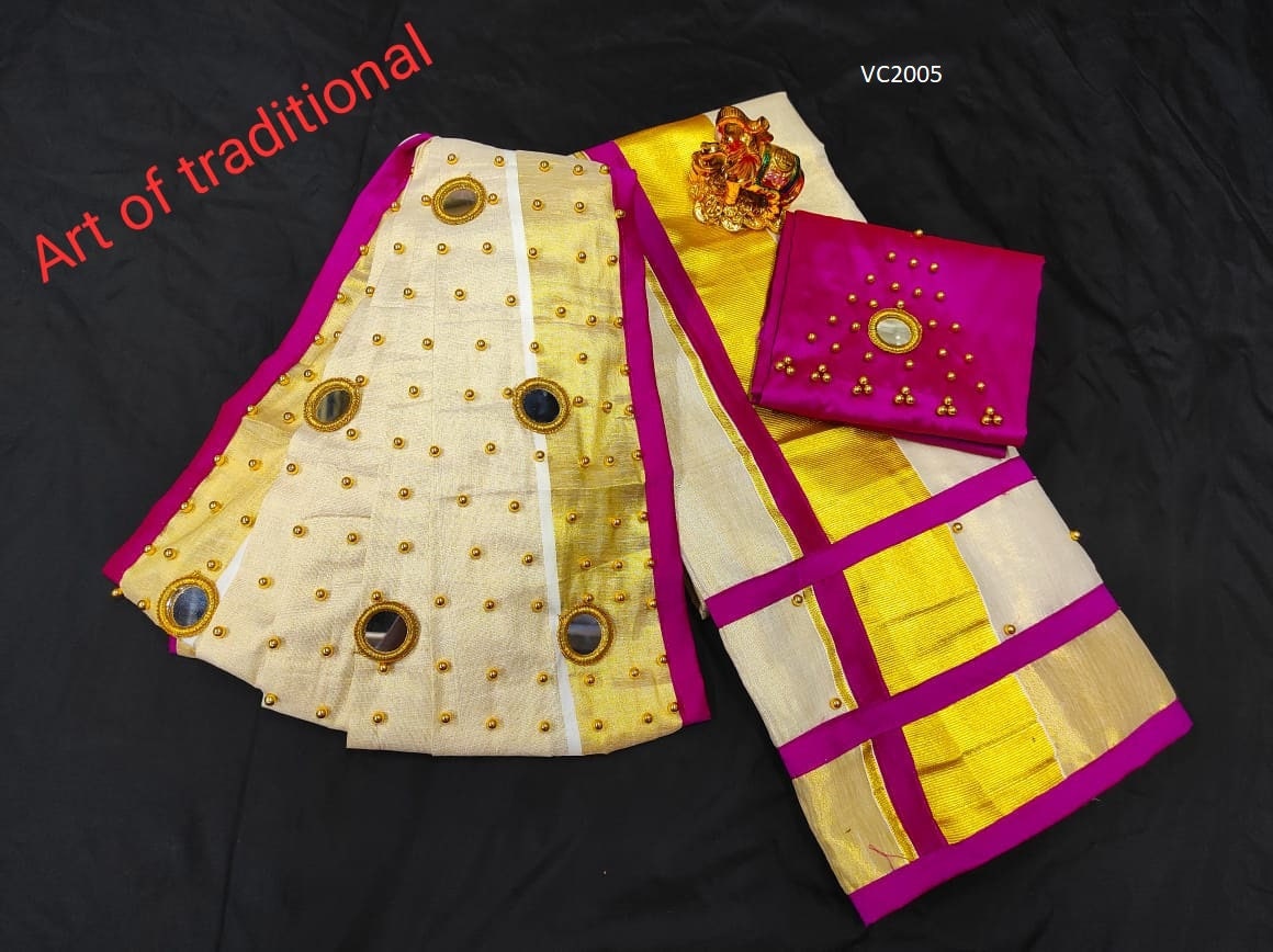 Pre pleated Golden Tissue Set Mundu with Blouse Material  / Kerala traditional/ Handmade designs/Onam,Vishu,Christmas,Birthday,Festival