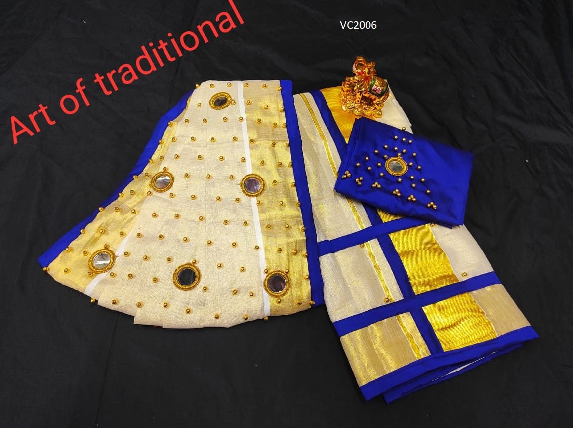 Golden Tissue Set Mundu with Blouse Stiched or Material ,Kerala traditional/ Handmade retailer designs,Onam,Vishu,Pooja ,Christmas,Birthday,Festival