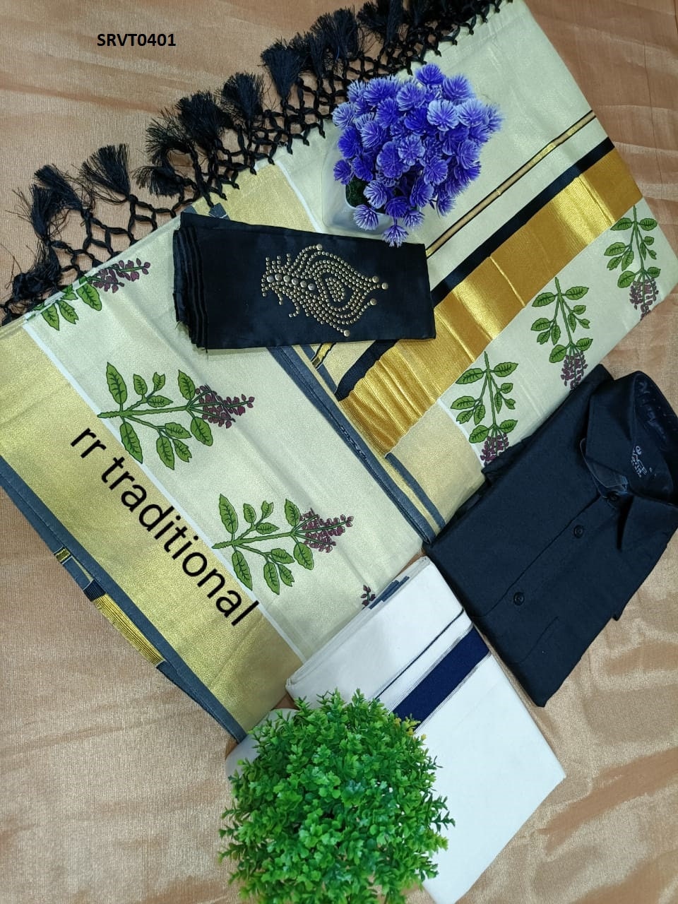 Combo Kerala Tissue Kunjalam Tulasi Printed Set Saree with Stitched/Non Stitch Blouse + Shirt & Dhoti, Kerala traditional Onam, Vishu wear