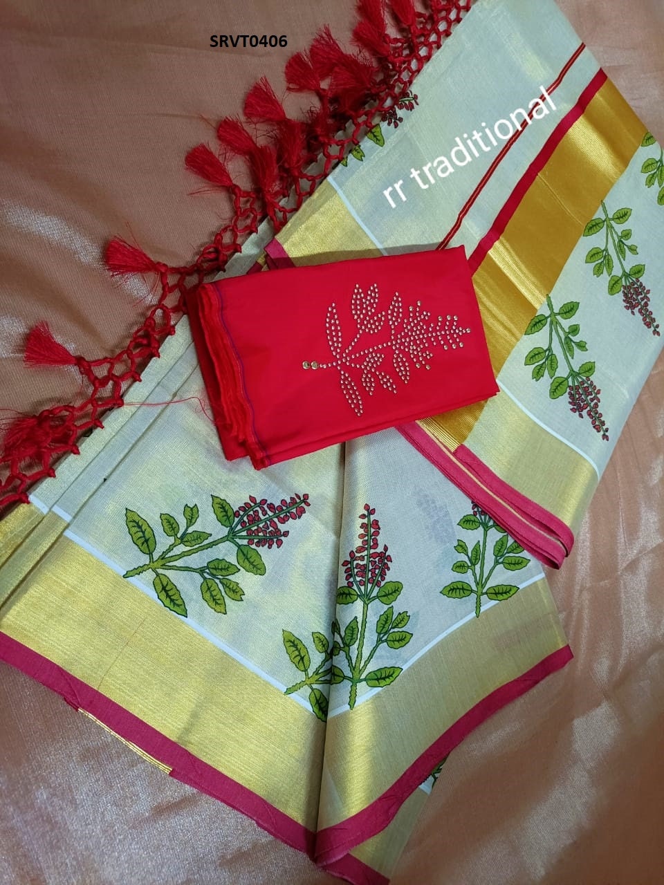 Combo Kerala Tissue Kunjalam Tulasi Printed Set Saree with Stitched/Non Stitch Blouse + Shirt & Dhoti, Kerala traditional Onam, Vishu wear