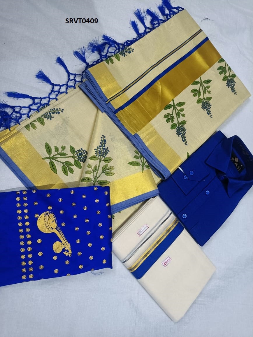 Combo Kerala Tissue Kunjalam Tulasi Printed Set Saree with Stitched/Non Stitch Blouse + Shirt & Dhoti, Kerala traditional Onam, Vishu wear