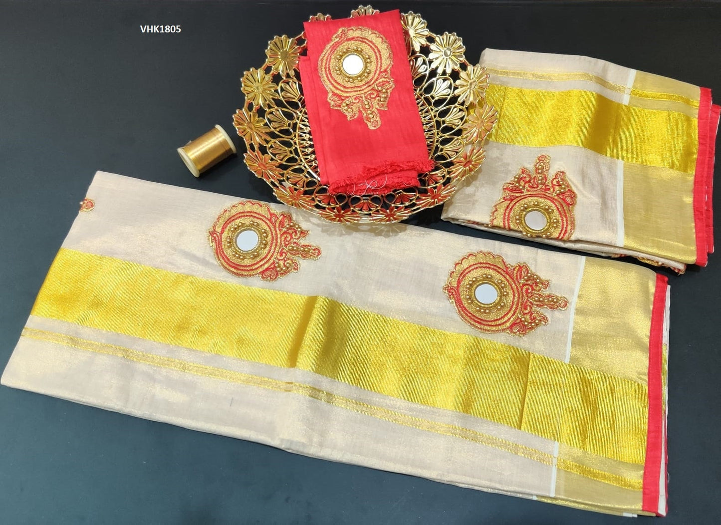 Kerala heavy beed mirror work tissue  set mundu with matching blouse / Handmade designs /  Stitched blouse/Onam,Vishu, Christmas, Birthday