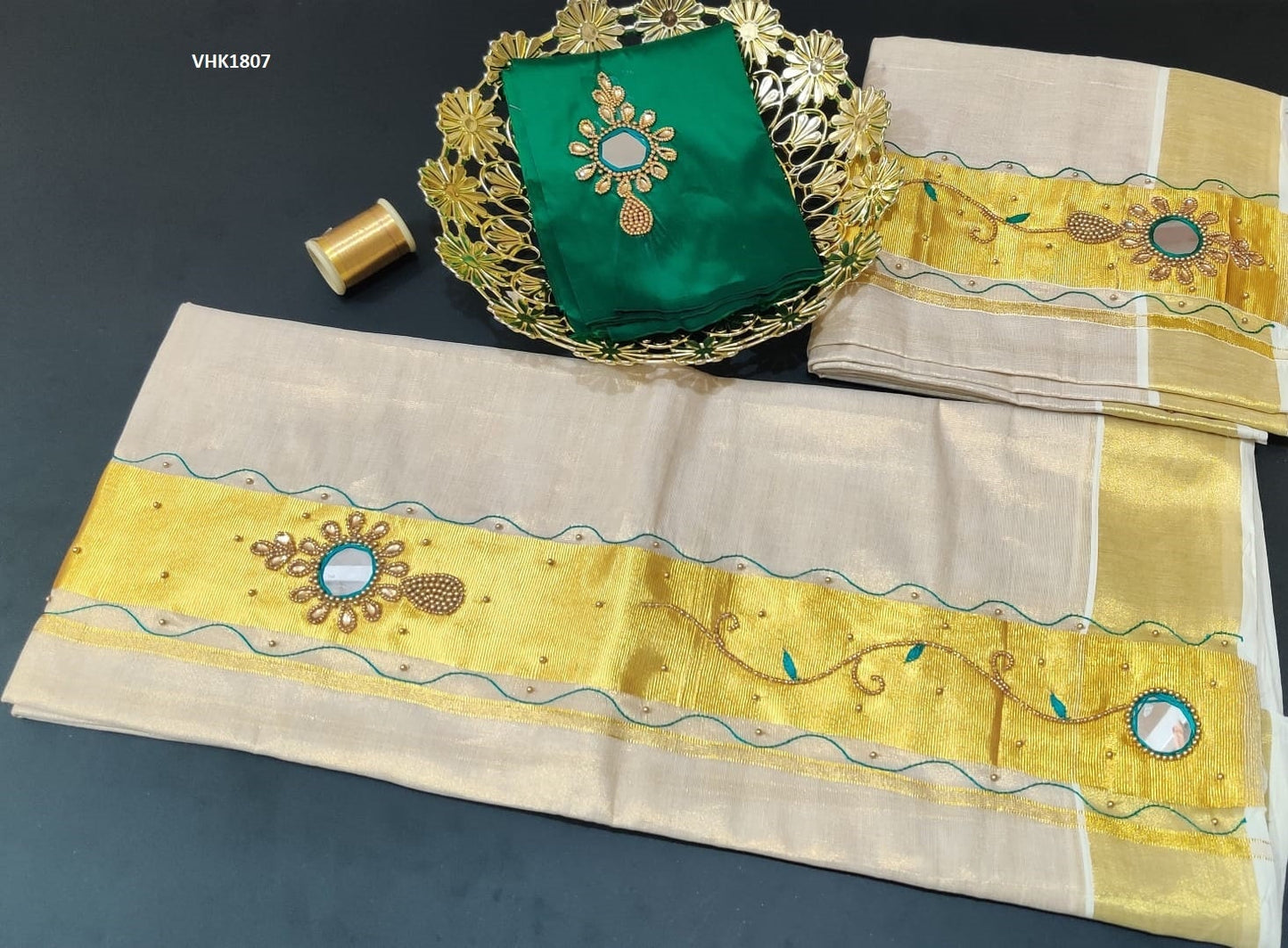 Kerala heavy beed mirror work tissue  set mundu with matching blouse / Handmade designs /  Stitched blouse/Onam,Vishu, Christmas, Birthday